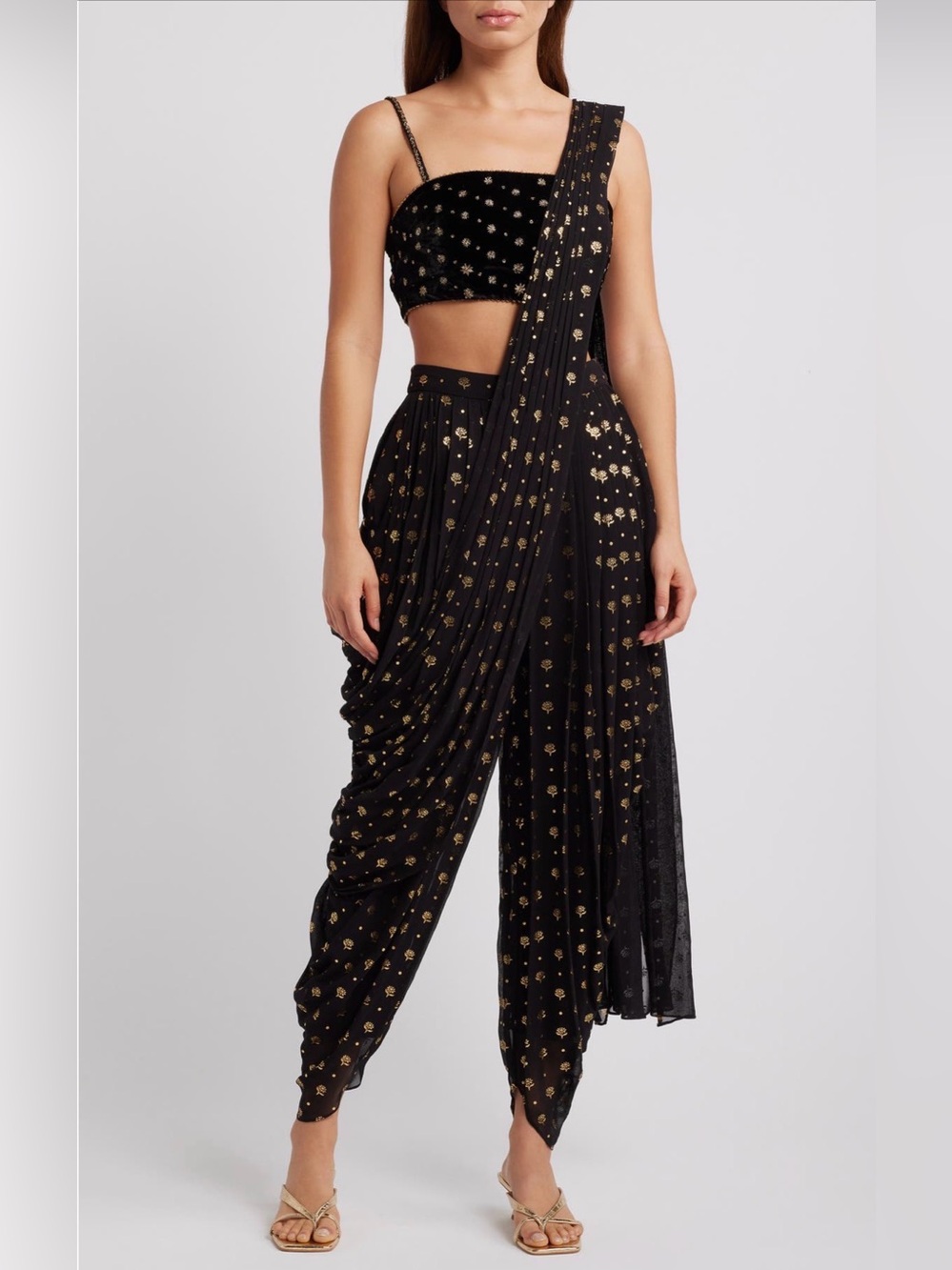 Sani Farah Dhoti & Dupatta Set Black & Gold Top Pants Drape - small